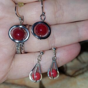 2 Pairs Red and Silver Earrings Set